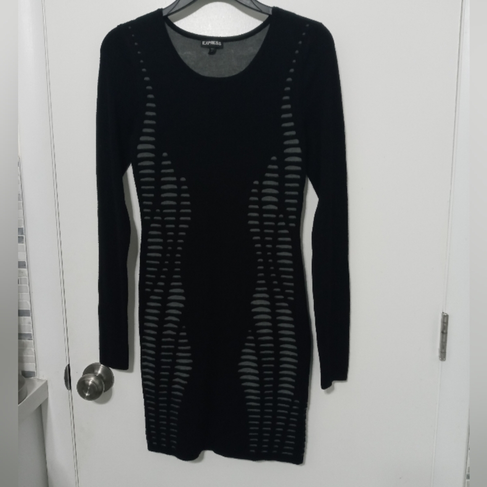 Exprees long sleeve 2 Sided cut out black gray stretch knit sweater midi dress S